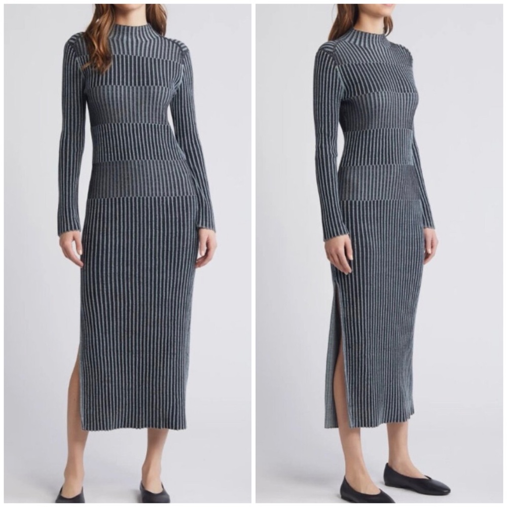 NWT COS Stripe Long Sleeve Mock Neck Rib Midi Fitted Sweater Dress - Women Large